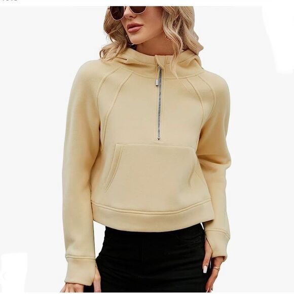 Micoson Fleece Lined Yellow Hoodie 1/2 Zipper Cropped Thumb Hole size xl - Picture 1 of 7